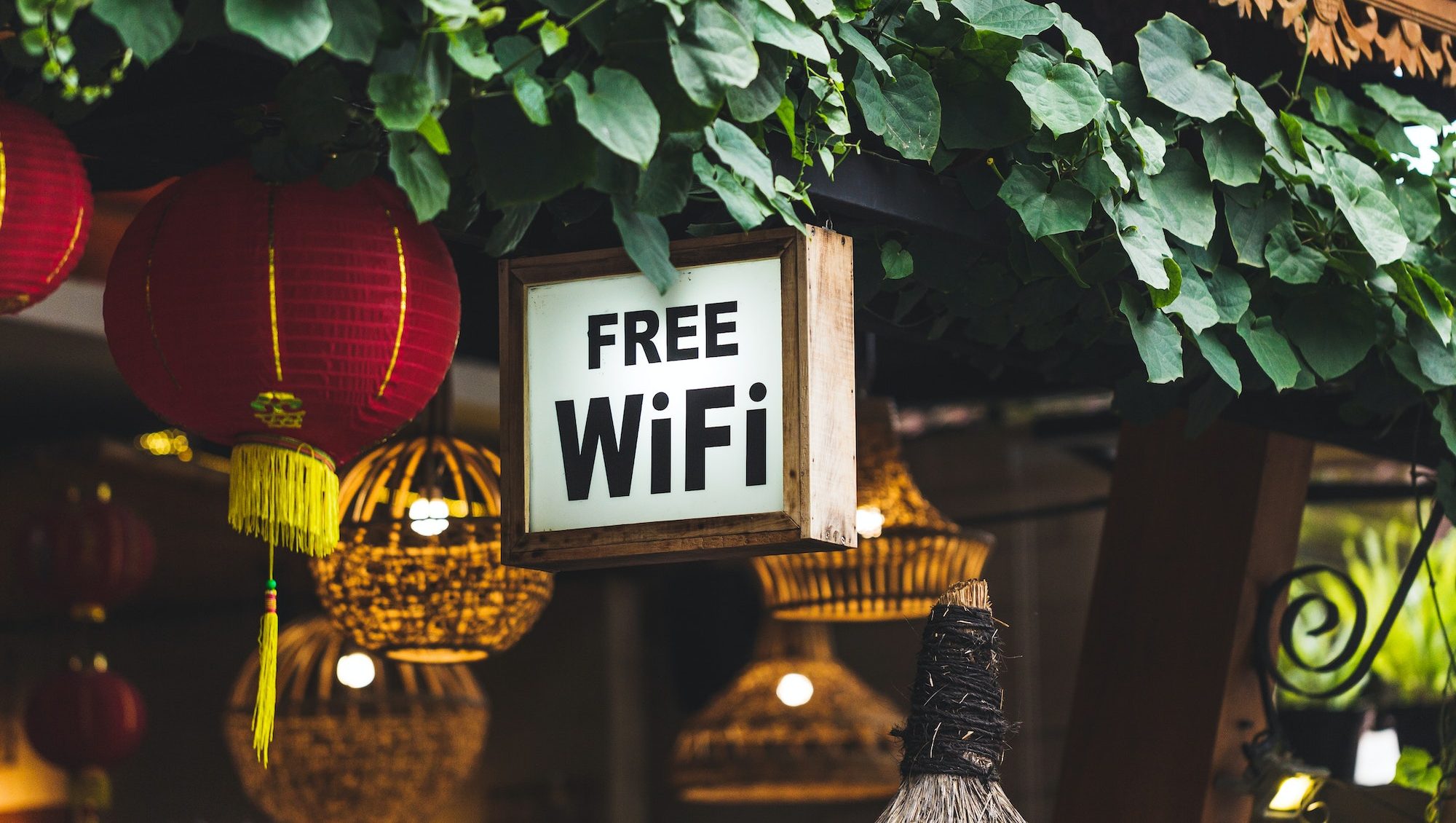 Free Wi-Fi sign hanging in restaurant