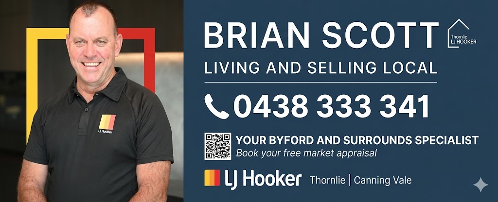 Portrait of Brian Scott, real estate agent, standing beside a blue banner with contact info and LJ Hooker branding.
