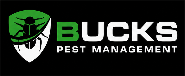Logo for Bucks Pest Management with a green 'B' next to white 'UCKS' on a black background, shield emblem with a bug design, and 'PEST MANAGEMENT' text beneath.