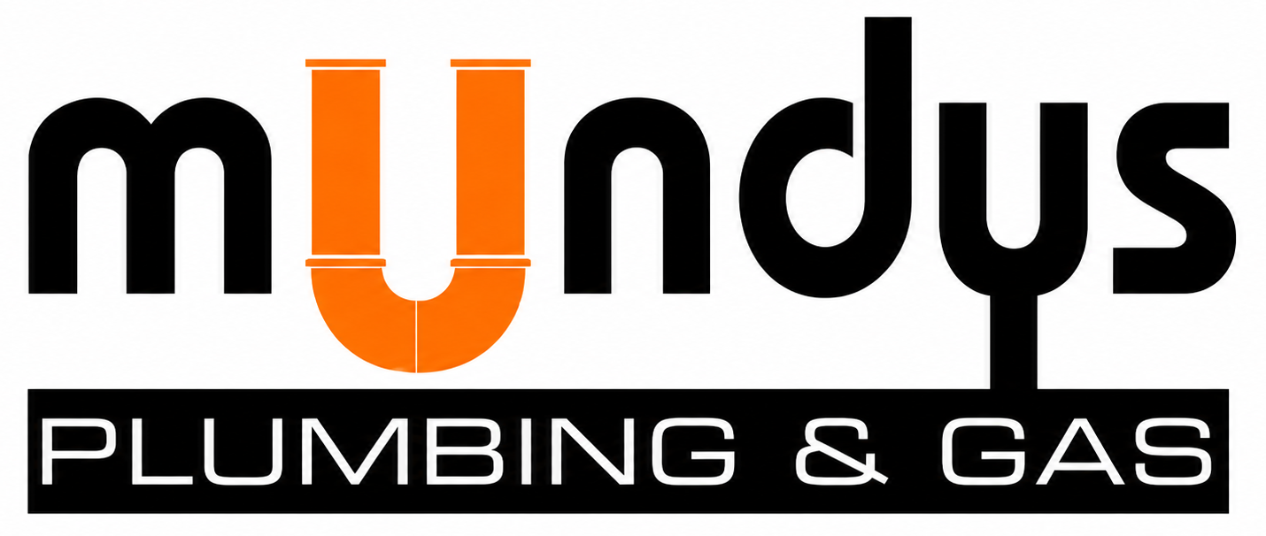 Logo for Mundus Plumbing & Gas with orange U-shaped pipe between black letters and a black banner reading PLUMBING & GAS